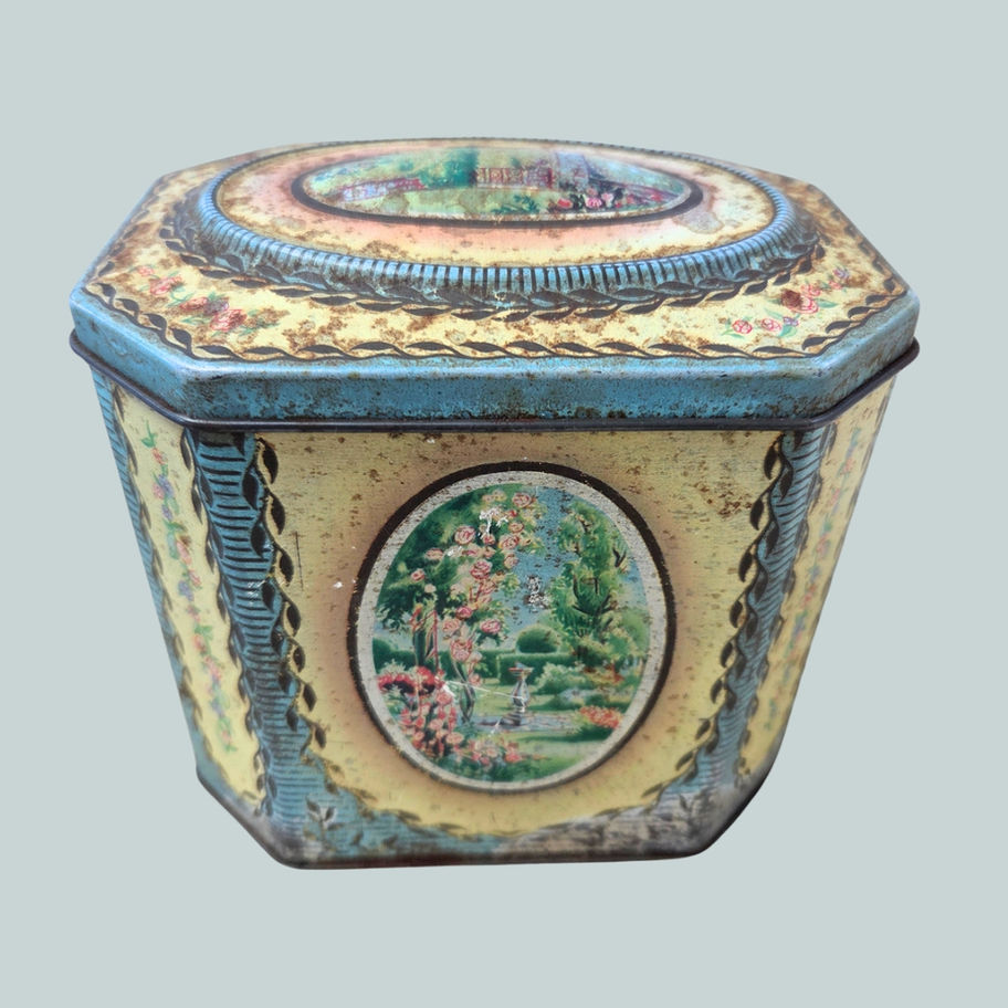 Vintage 1950s William Crawford & Sons Biscuit Tin – Garden Scene Design