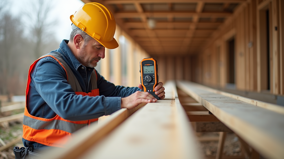 Close-up view of a builder measuring timber on site