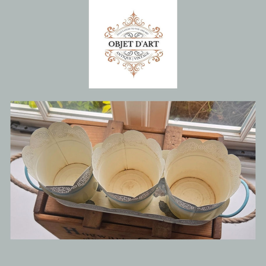 Vintage Shabby Chic Metal Planter Set – Three Pots in Decorative Tray