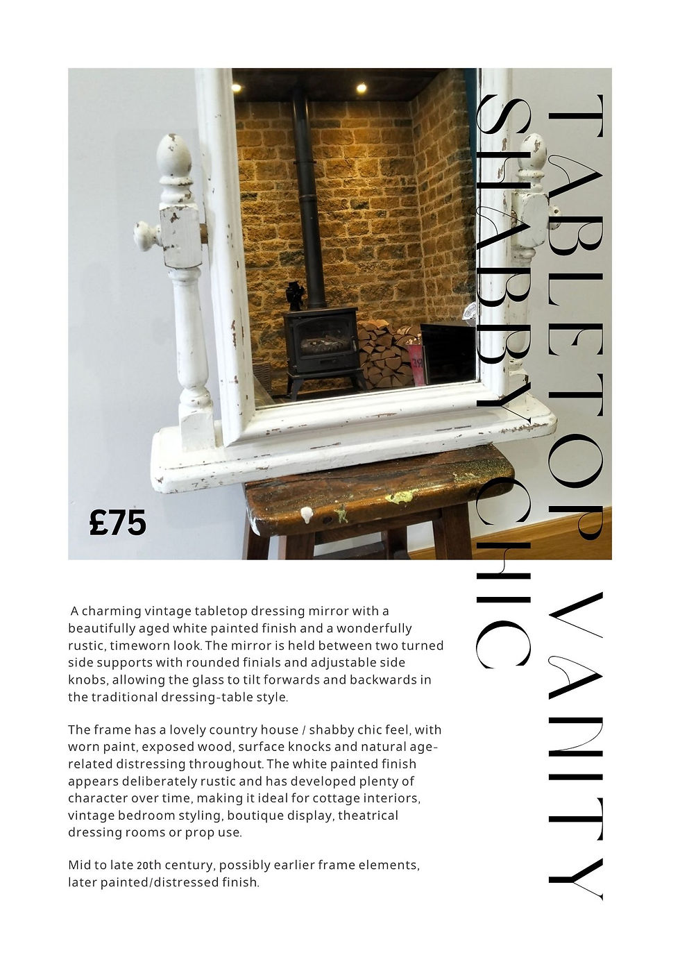 a vintage shabby chic mirror displayed on a footstool with a reflection of a vintage wood burner.