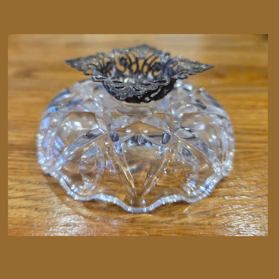 Vintage Cut Glass Trinket Dish with Ornate Filigree Metal Mount – Mid-Century