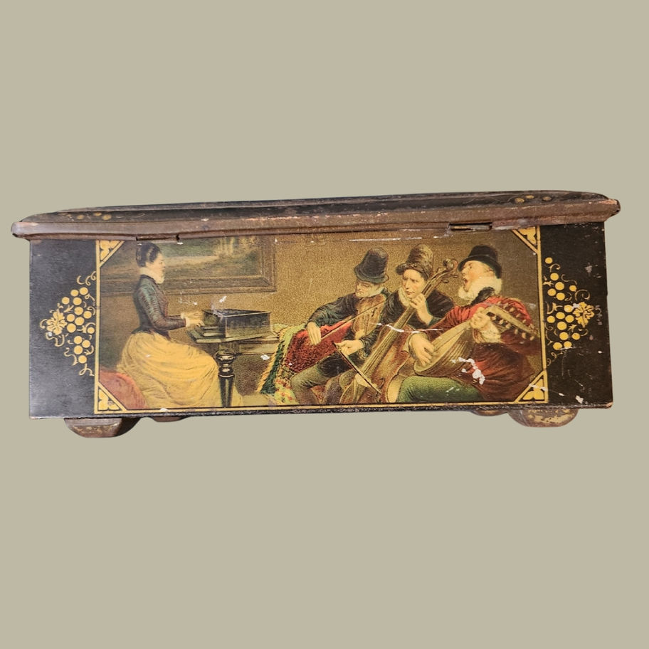 Antique Lithographed Tin Box with Dutch Golden Age Musical Scenes with key
