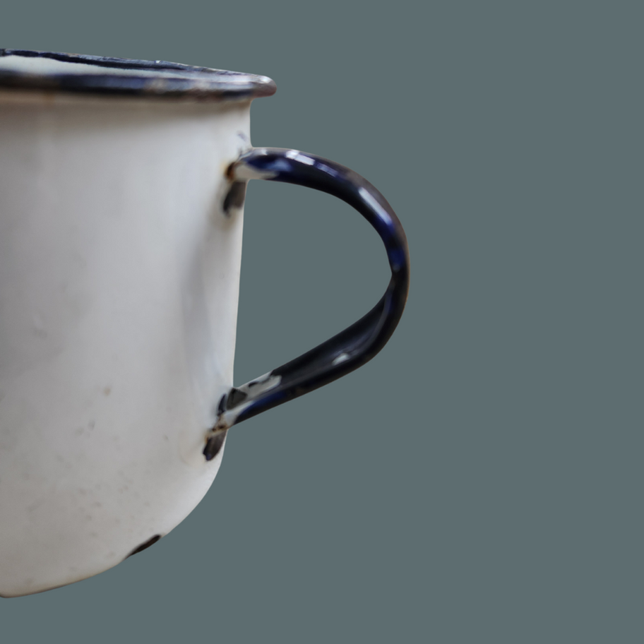 Vintage White Enamel Cup with Blue Rim & Handle 1972 Marked
