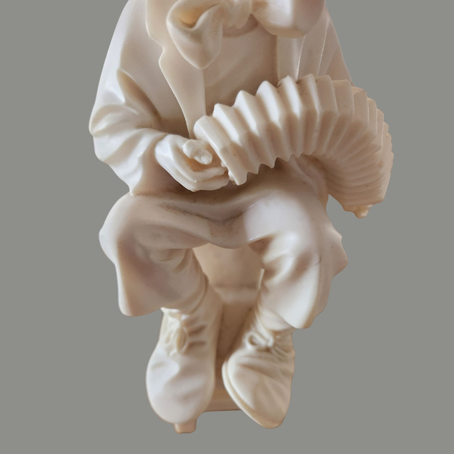 Mid-Century Alabaster Clown with Concertina 25 cm Ivory Tone Figurine