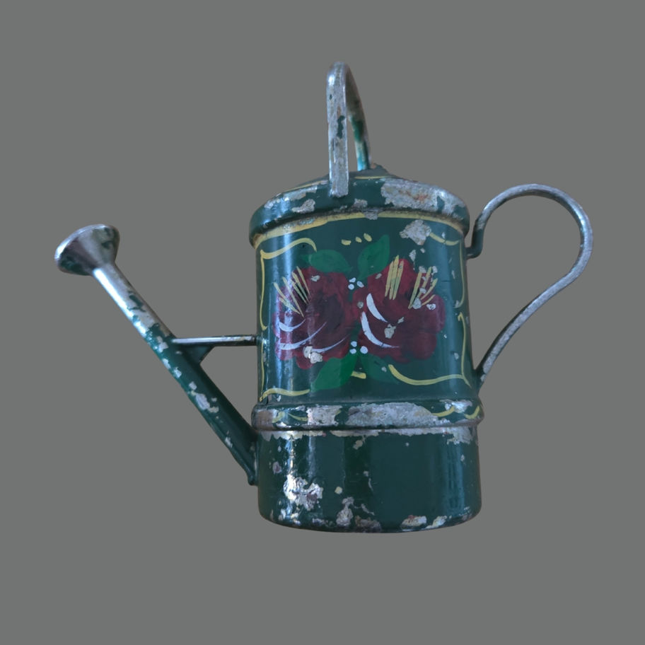Vintage Hand-Painted Miniature Tin Watering Can Folk Art Floral c.1920s–1940s