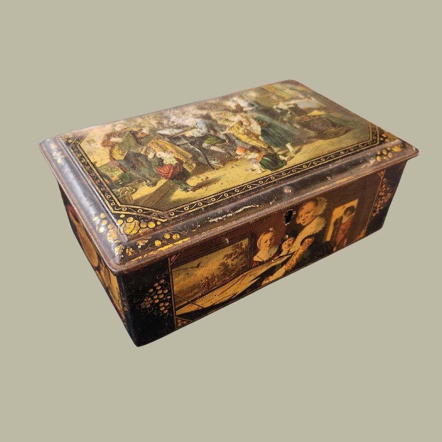 Antique Lithographed Tin Box with Dutch Golden Age Musical Scenes with key