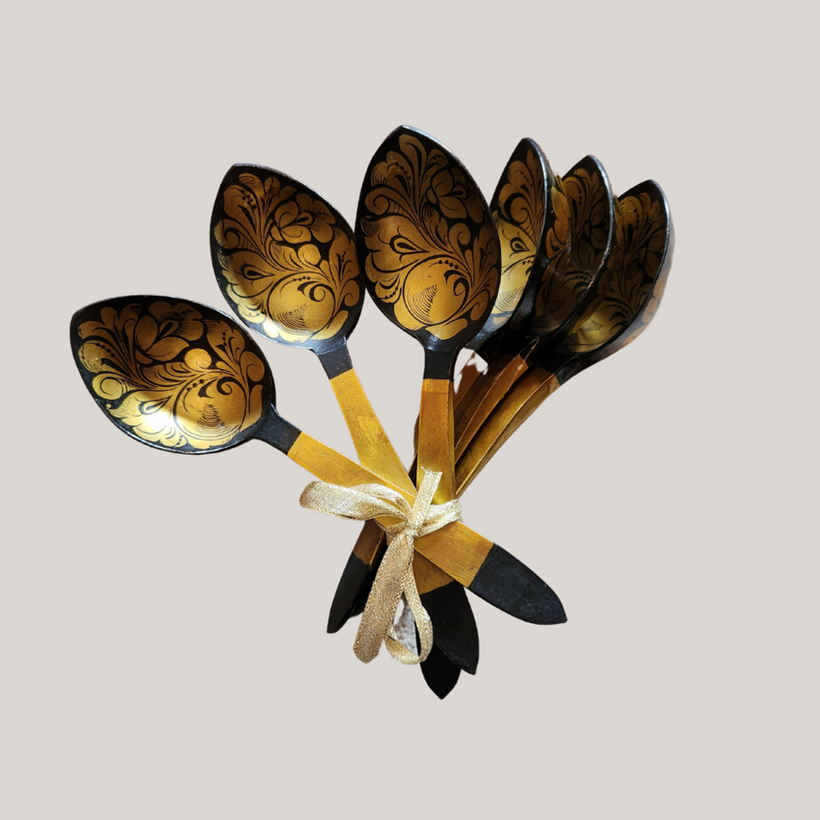 Set of 6 Vintage Russian Khokhloma Wooden Spoons – Gold and Black