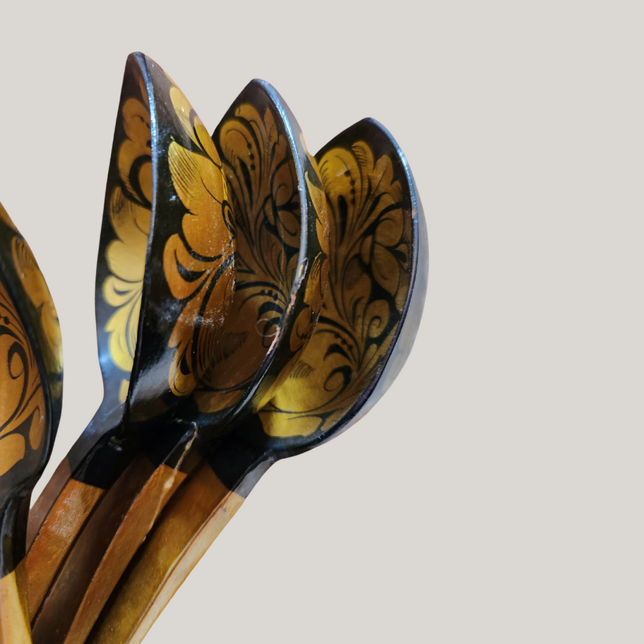 Set of 6 Vintage Russian Khokhloma Wooden Spoons – Gold and Black