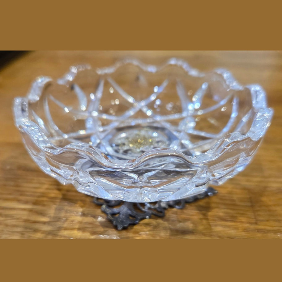 Vintage Cut Glass Trinket Dish with Ornate Filigree Metal Mount – Mid-Century