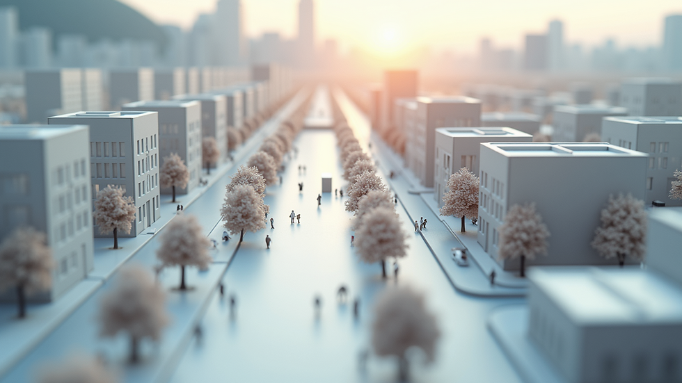 Eye-level view of a detailed architectural scale model of a modern urban development