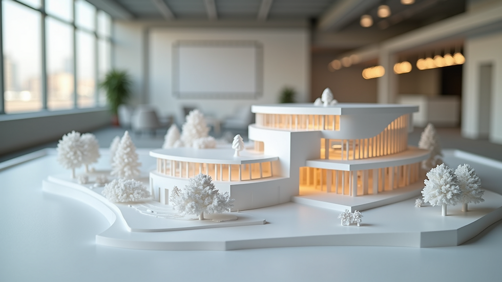 Wide angle view of a modern architectural scale model displayed in a professional setting