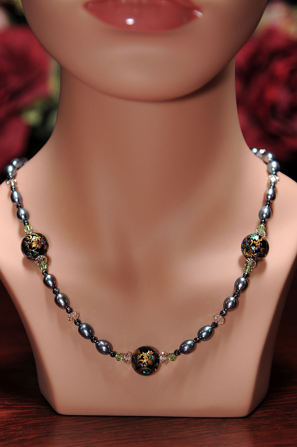 Thumbnail: Iridescent silvery pearls and Tensha bead necklace on mannequin with slim neck.
