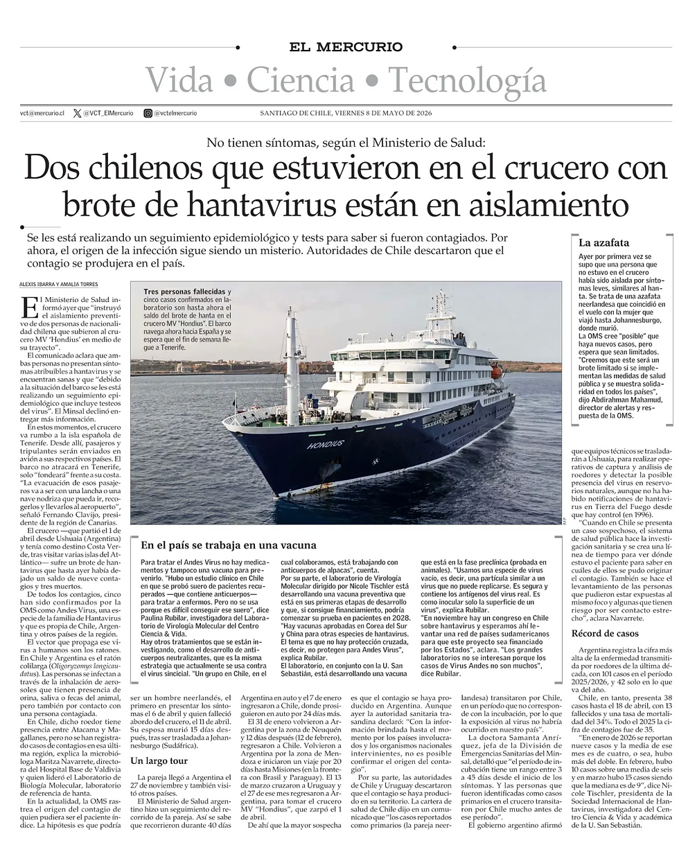 Dos chilenos que estuvieron en el crucero con brote de hantavirus están en aislamiento