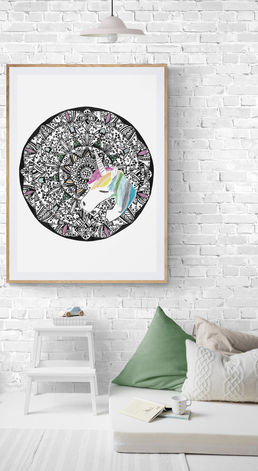 Watercolour unicorn, mandala, print, poster, canvas print, home decor, kids room decor, children room decor, cushions, brick walls, lamps, home furnishings. 
