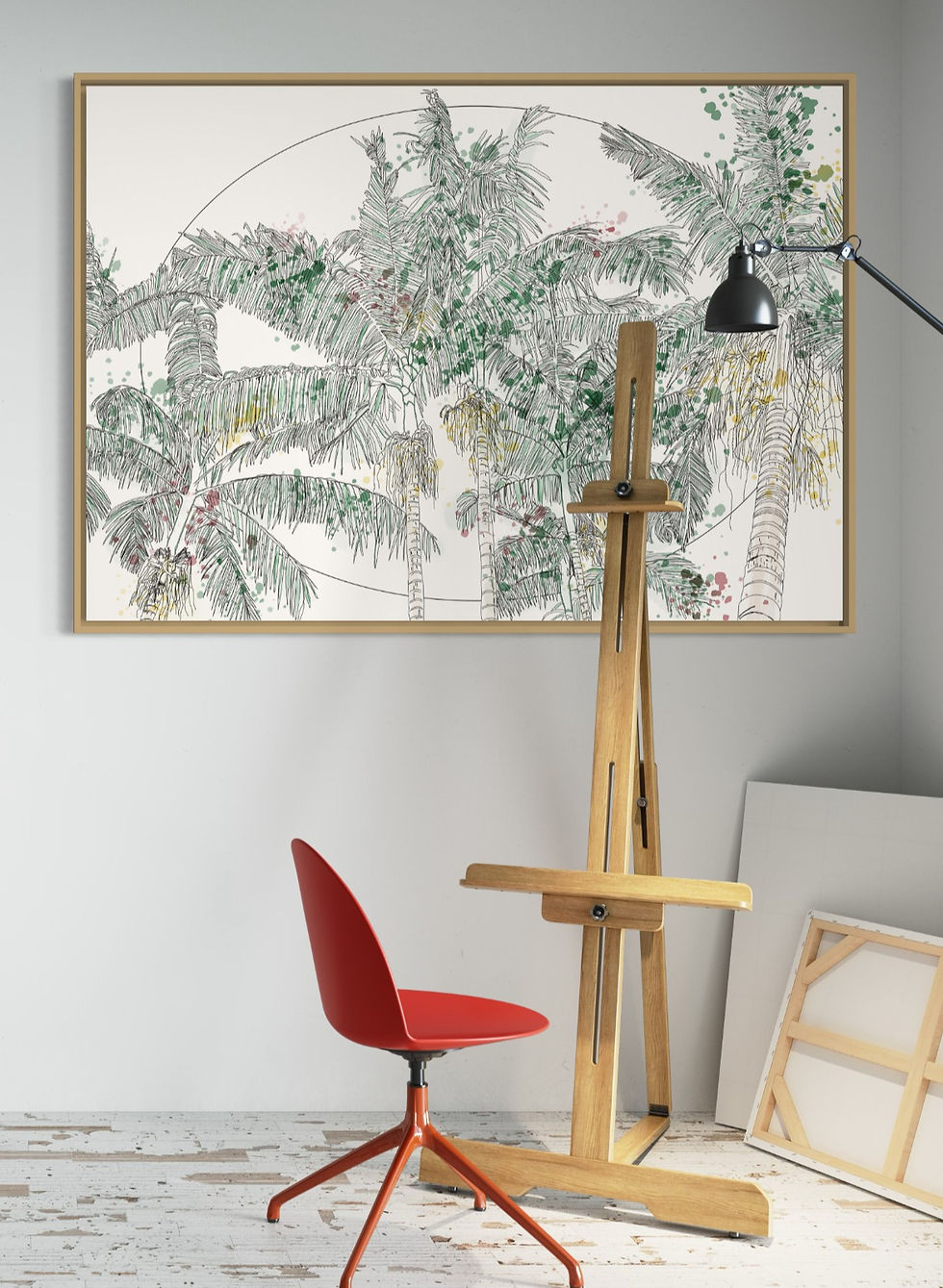 Thumbnail: Fine art print, palm trees, tropical vibe, line drawing, artwork. Watercolours in red, green and orange. Office decor.