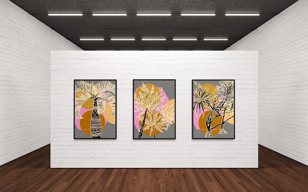 Thumbnail: Pink, tans, black and Grey print with Bottle Tropical Palm Tree