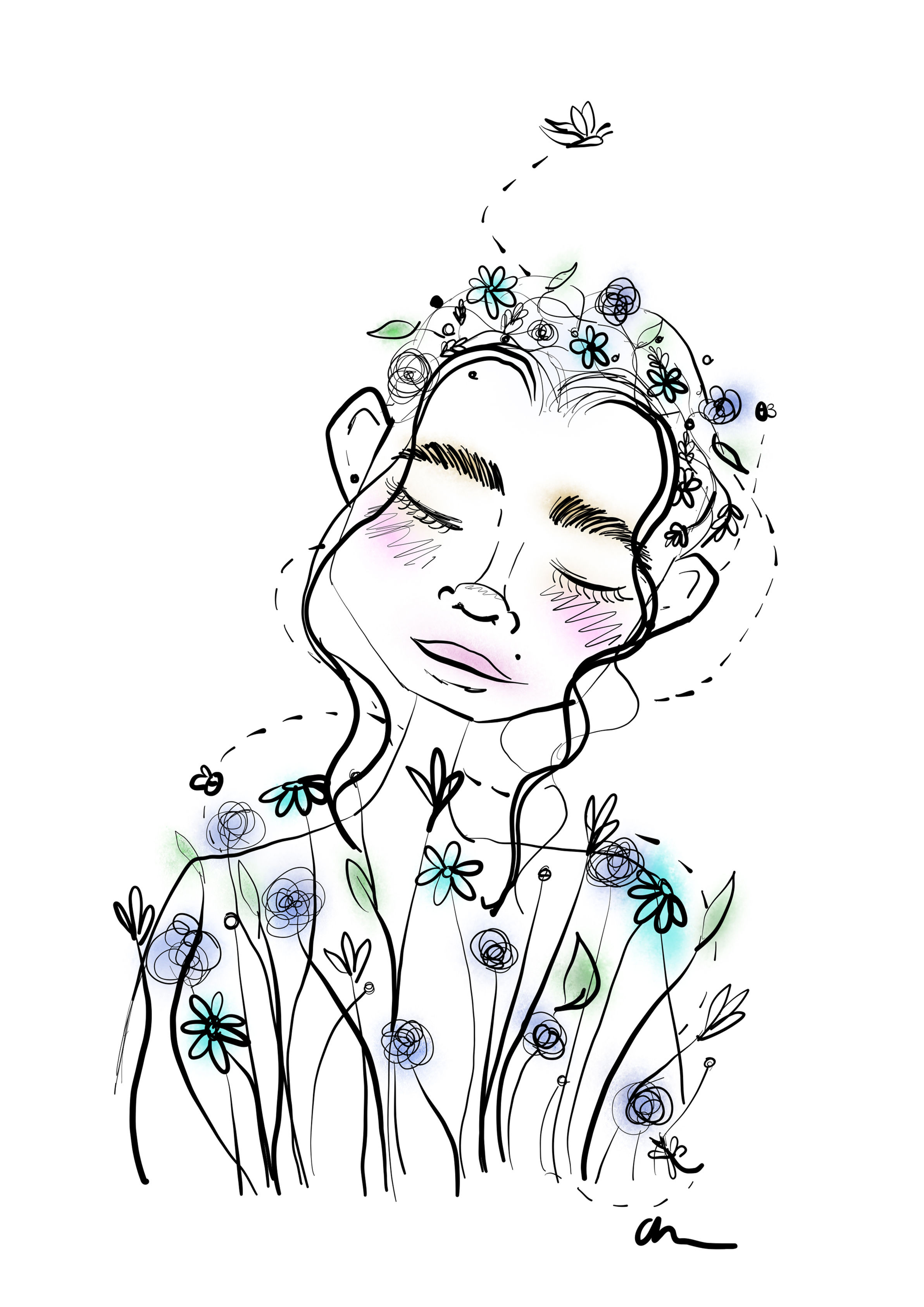 Peaceful looking artwork print with flowers and leaves.