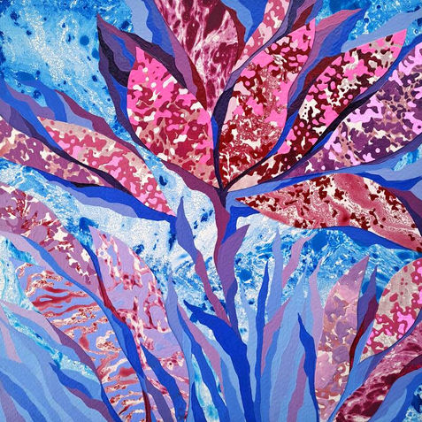 Semi-abstract mixed media small artwork on paper, flower in blue and pink tones, botanical art, tropical plants art, jungle art, botanical artwork.