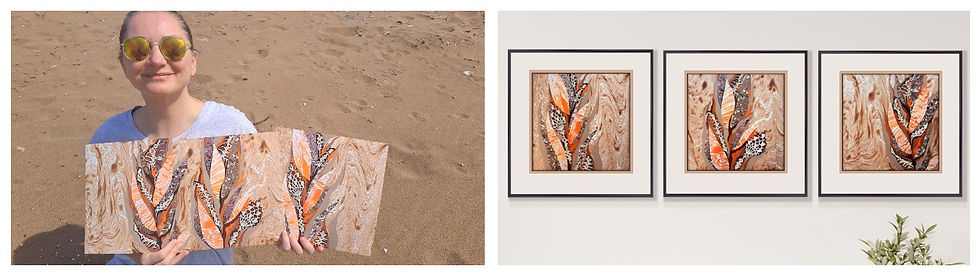 Woman on sandy beach holding tree abstract paintings with orange and brown patterns. Next to her, three similar paintings framed on a wall.