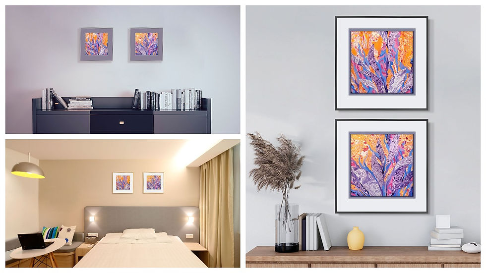Two rooms with vibrant abstract art on walls; one over a bookshelf, the other above a bed. Decor includes books and plants. Bright colors.