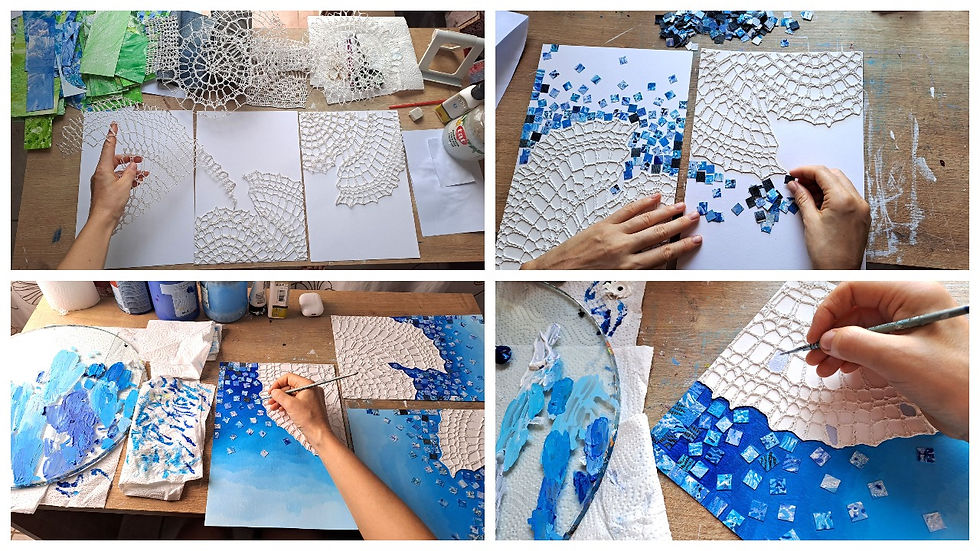 Hands paint textured lace-like paper with blue mosaic squares on a studio table, shown in a 4-panel process collage.
