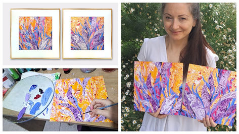 Woman in white holds two colorful abstract paintings with orange and purple swirls. Paintings also shown framed and being created. Background has flowers.