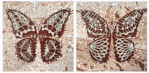 Set of 2 mixed media butterflies paintings on paper in brown shades with  hand-crocheted cotton lace 