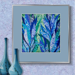 Green-Blue abstract tropical plants artwork