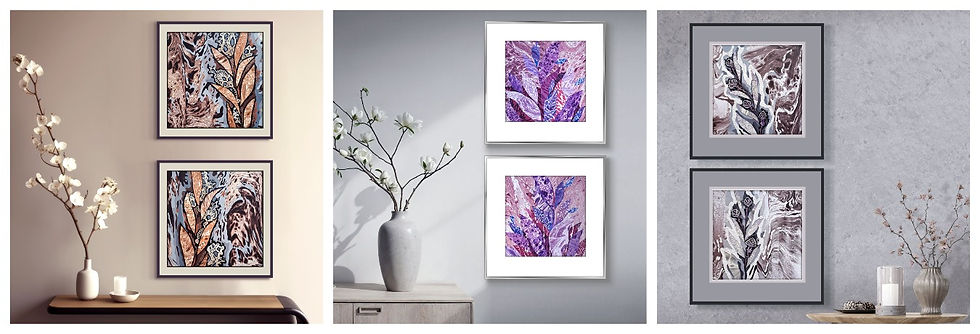 Three styled interiors with framed abstract botanical paintings, vases, and flowers in neutral tones.