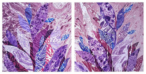 Semi-abstract mixed media set of 2 small paintings (diptych) on paper in purple, violet and lilac-blue tones, botanical art, tropical plants art, jungle art, botanical artwork.