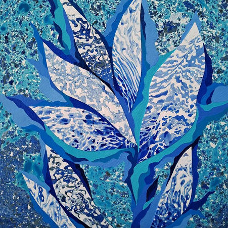 Semi-abstract mixed media small artwork on paper, flower in blue and azure tones, botanical art, tropical plants art, jungle art, botanical artwork.