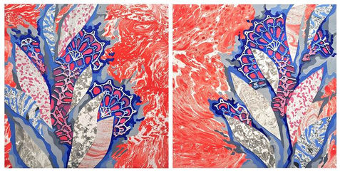 Small square mixed media diptych on paper featuring semi-abstract tropical leaves and lace-like flowers with intricate decorative patterns. Created using collage and hand-crocheted cotton lace, the artworks have a rich tactile surface. The composition is built on an intense red background with soft grey, raspberry and light blue accents, creating a bold contrast. This diptych evokes the atmosphere of a tropical sunset through expressive color and abstract botanical forms.