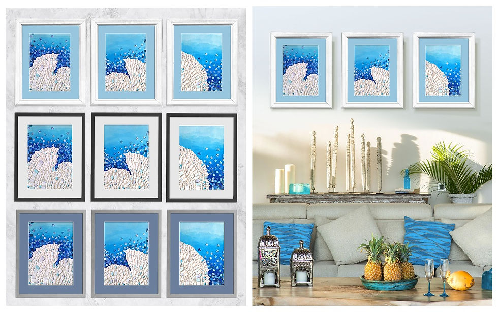 Framed blue underwater paintings on the left; on the right, a bright beachy living room with blue pillows, pineapples, candles, and plants