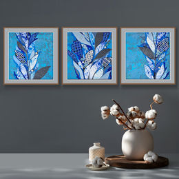Blue abstract tropical floral triptych painting made in mixed media with cotton lace, textiles and collage on paper. Blue abstract botanical artwork