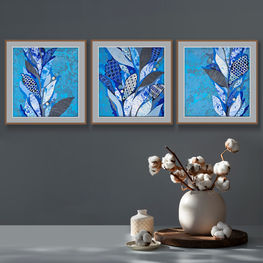 Blue abstract tropical floral triptych painting made in mixed media with cotton lace, textiles and collage on paper. Blue abstract botanical artwork