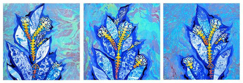 Semi-abstract tropical triptych in mixed media with collage and handmade lace. Set of three small-format artworks featuring fantasy tropical grasses and flowers in bold blue shades. Abstract tropical flora, organic botanical patterns, fresh natural palette. Ideal for calm, mindful interiors, boho, wabi-sabi, eco and modern organic spaces. Suitable for collectors of contemporary botanical art, mixed media artworks, tactile and meditative nature-inspired art.