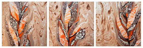 Semi-abstract tropical triptych in mixed media with collage and handmade lace. Set of three small-format artworks featuring fantasy tropical grasses and flowers in warm brown and orange earth tones. Abstract tropical flora, organic botanical patterns, neutral natural palette. Ideal for calm, mindful interiors, boho, wabi-sabi, eco and modern organic spaces. Suitable for collectors of contemporary botanical art, mixed media artworks, tactile and meditative nature-inspired art.