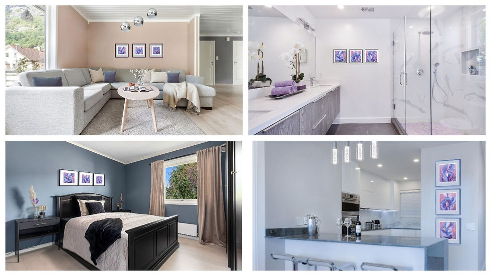 Modern interior collage: a cozy living room, sleek bathroom with glass shower, elegant bedroom, and stylish kitchen. Art adorns each wall.