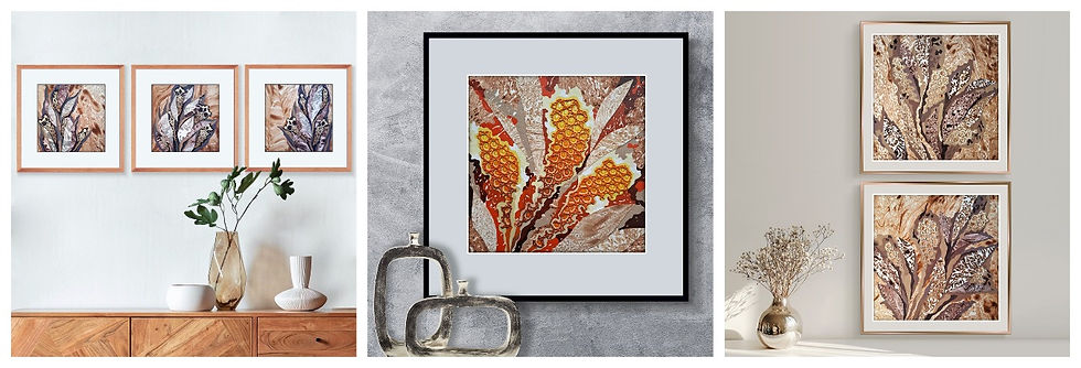 Three framed abstract botanical mixed media paintings displayed in modern rooms with vases and decor, in muted neutrals and warm earthy tones.