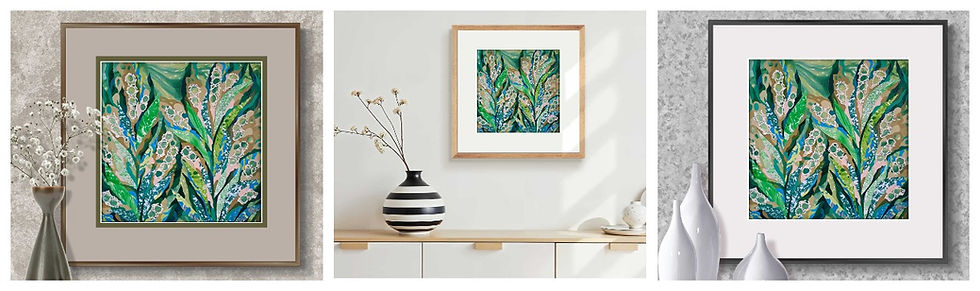 Three framed botanical paintings with green and blue patterns hang on textured and white walls, each beside decorative vases.