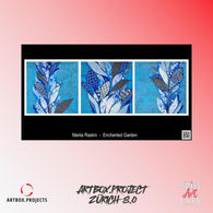 Blue botanical mixed media triptych on paper.