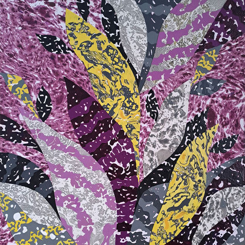 Semi-abstract mixed media small artwork on paper in purple, violet and yellow tones, botanical art, tropical plants art, jungle art, botanical artwork.