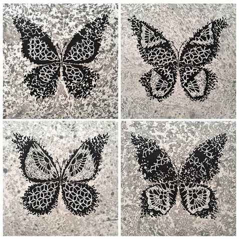 Set of 4 abstract butterflies, mixed media artwork on paper, black and white shades.