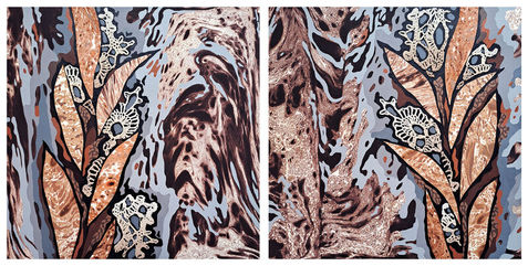Semi-abstract tropical diptych in mixed media on paper with collage and handmade lace. Set of two small-format artworks featuring fantasy tropical grasses and flowers in warm brown and soft grey tones. Abstract tropical flora, organic botanical patterns, neutral natural palette. Ideal for calm, mindful interiors, boho, wabi-sabi, eco and modern organic spaces. Suitable for collectors of contemporary botanical art, mixed media artworks, tactile and meditative nature-inspired art.