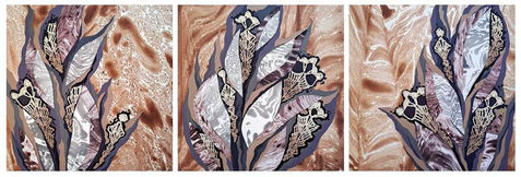 Semi-abstract tropical triptych in mixed media with collage and handmade lace. Set of three small-format artworks featuring fantasy tropical grasses and flowers in warm brown, purple and grey. Abstract tropical flora, organic botanical patterns, neutral natural palette. Ideal for calm, mindful interiors, boho, wabi-sabi, eco and modern organic spaces. Suitable for collectors of contemporary botanical art, mixed media artworks, tactile and meditative nature-inspired art.