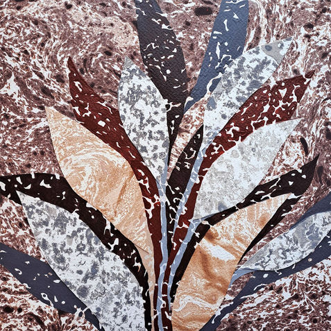 Small square mixed media botanical painting on paper featuring semi-abstract tropical leaves with decorative patterns. Created with collage elements in warm earthy tones: ochre, brown-grey with black accents.