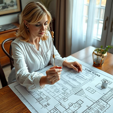 Woman sitting at a table, on the table is the blueprint of a house she is holding a brass