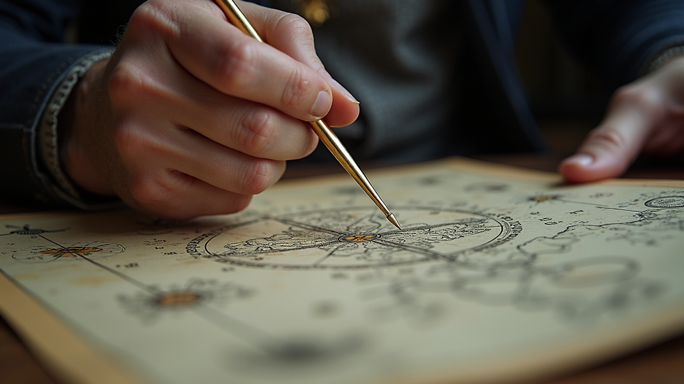 Eye-level view of a dowser looking at a map with a pendulum