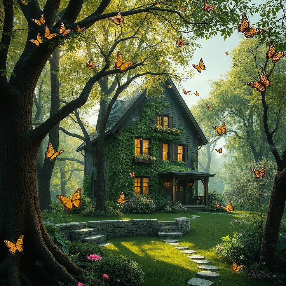 A house with beautiful trees and underneath the trees are nature spirits, in the air around the trees are butterflys, dragonflys and faieries