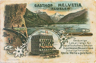 Werbepostkarte für das Hotel in Flüelen mit Axenstrasse und Vierwaldstädtersee